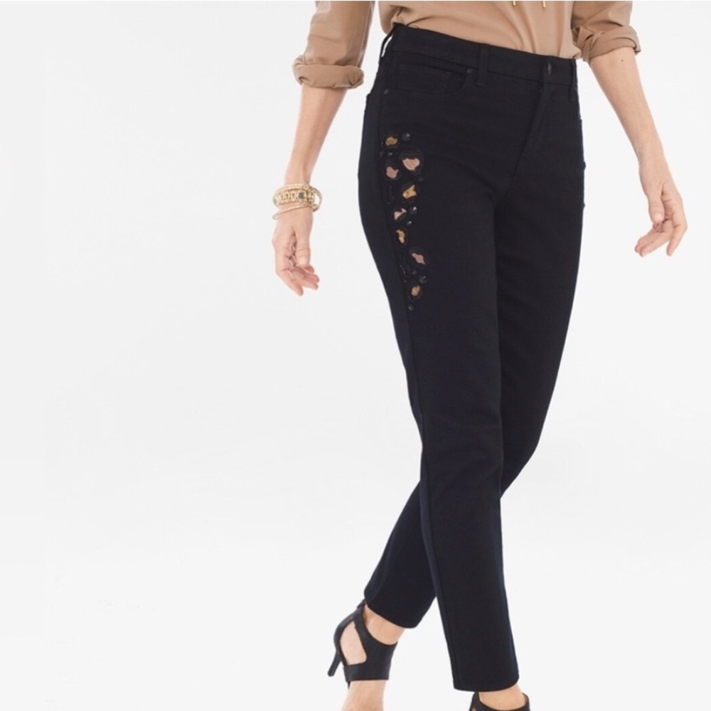 CHICO'S So Slimming Black Leopard Embellished Girlfriend Ankle Denim Jeans 14